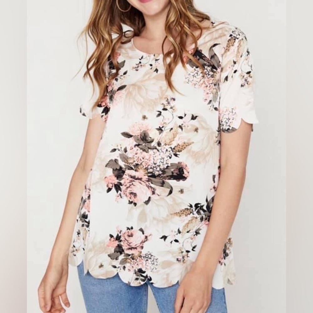 Ella Mara Scalloped Trim Tan Floral Short Sleeve Velvety Soft Blouse Size L